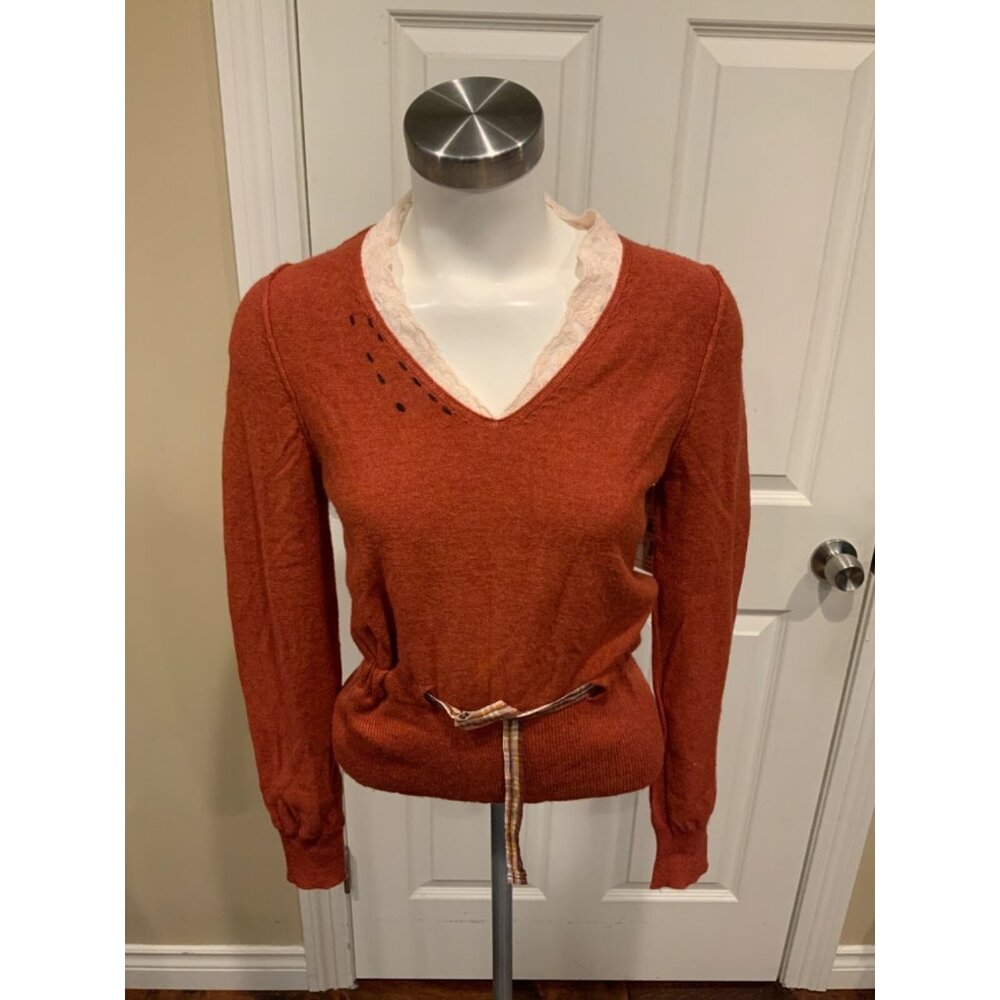 HWR Rust Brown V-Neck Sweater W/ Lace Trim, Size Medium